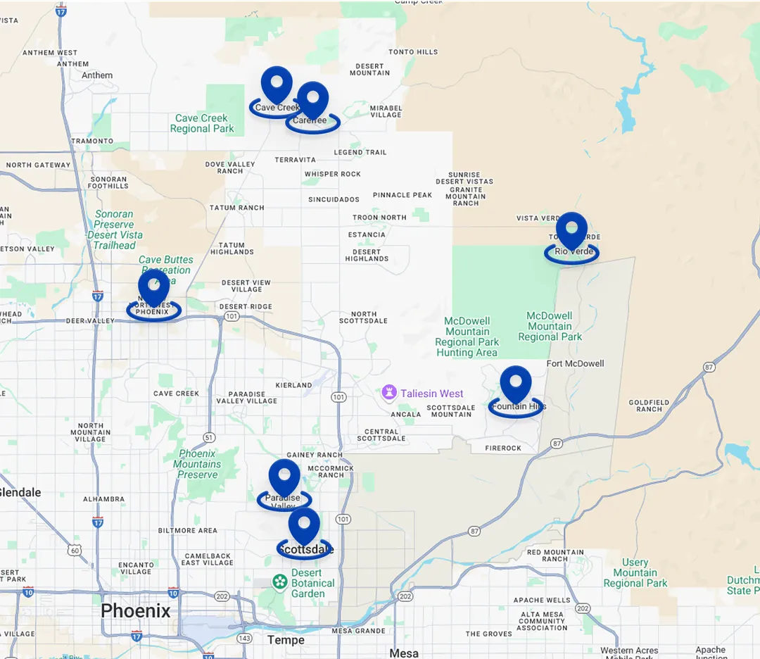 Map of LJ Refrigeration's Northeast Valley service area with pins on Scottsdale, Paradise Valley, Cave Creek, Carefree, Fountain Hills, Rio Verde, and North Phoenix